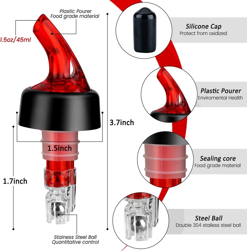 NFFIBDH Automatic Measured Bottle Pourer - Quick Shot Spirit Liquor Pour Spouts with Dust Caps for Wine Cocktail Beverages - Ideal Home Bar Tools 1.5 oz / 45ml (Red, 12 Pack) - Image 2